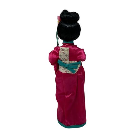 Japanese Geisha Akiko Porcelain Doll In Pink Kimono With Floral Obi & Stand - Picture 7 of 12